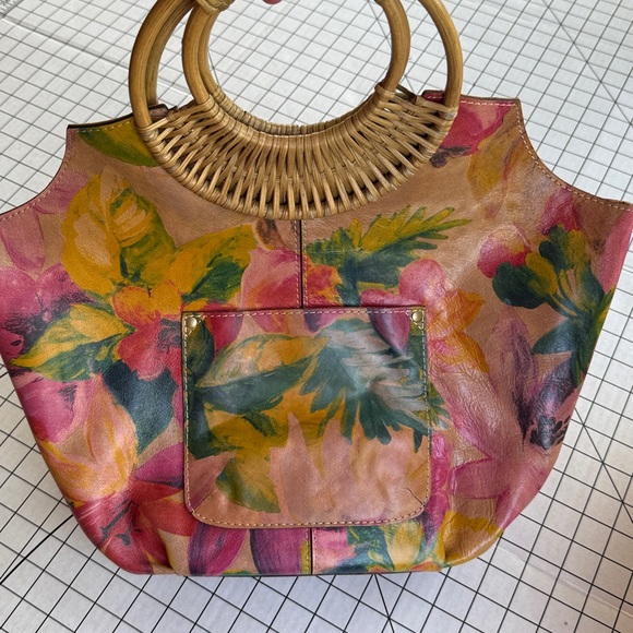 Patricia Nash Italian Leather Floral Tote Bag with Rattan Handles – Boho Vintage - Picture 1 of 14